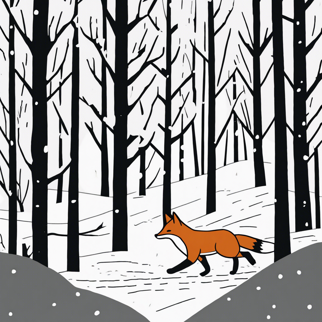 A fox sneaking through a snowy forest., illustration in the style of Matt Blease, illustration, flat, simple, vector
