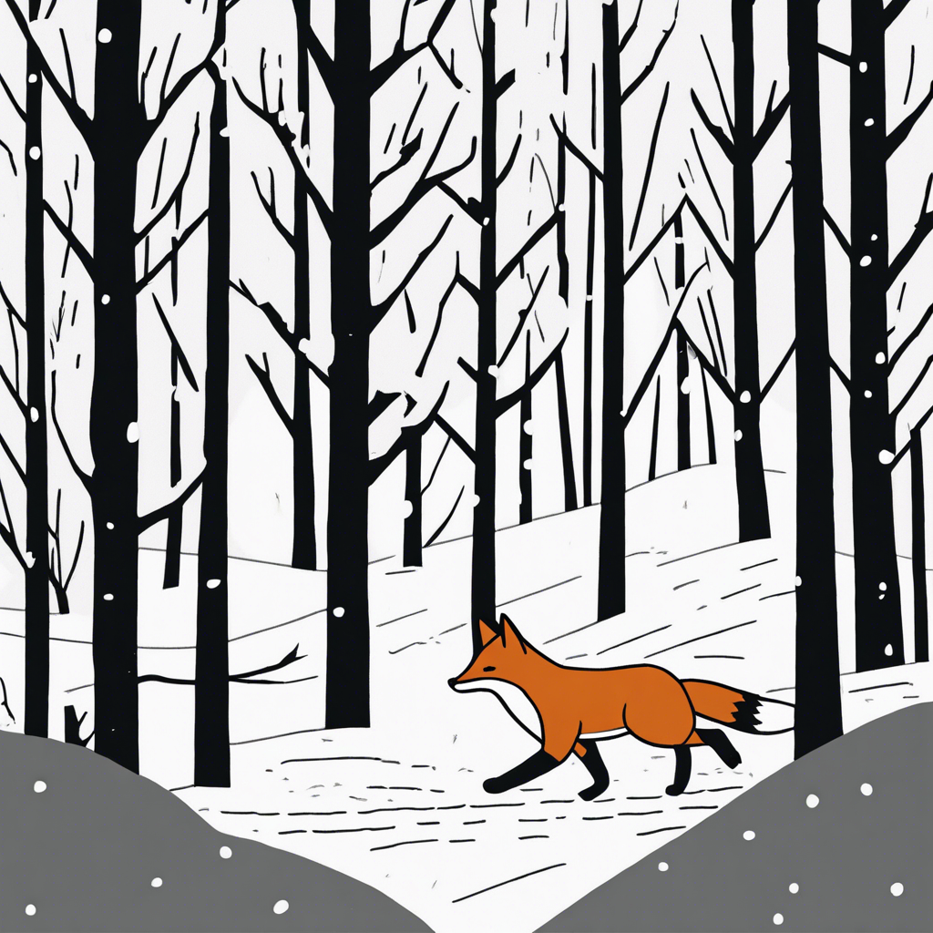 A fox sneaking through a snowy forest.