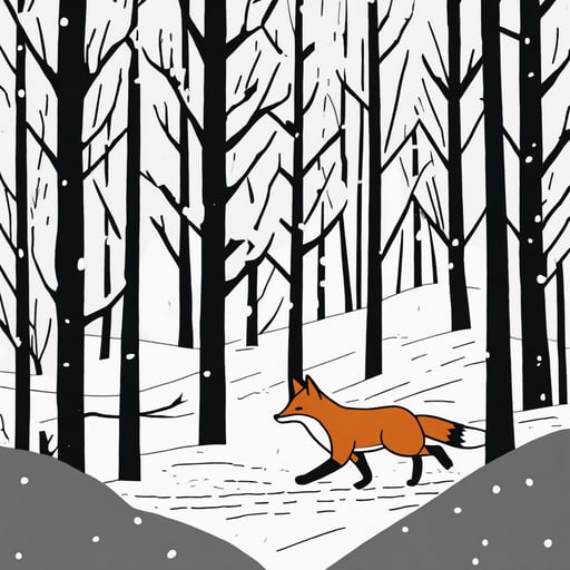 A fox sneaking through a snowy forest.