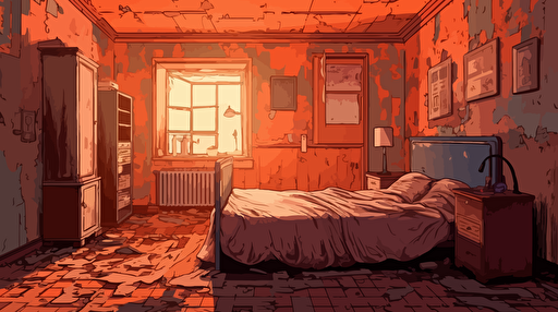old decrepit orange old bedroom illustration, vector, 2d animation