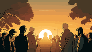 WIDE ANGLE shot perspective. Vector Art, The Sun is starting to set on a warm summer day. A SMALL GROUP of modern day Christians of all ages, have gathered casually to pray together as the sun goes down, They are attired for the summer. They are huddled together, praying arm in arm with their heads bowed, facing the beautiful sun as it begins to set on the distant horizon. Soft, richly colored image