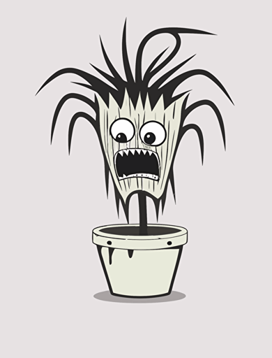 an animated scared plant in a flowerpot, vector design, just line drawing, white background