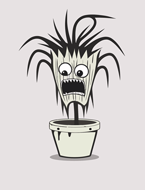 an animated scared plant in a flowerpot, vector design, just line drawing, white background