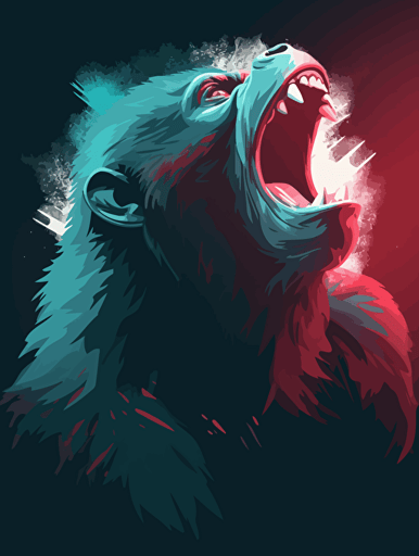 vector art of a gorilla roaring, red, white and turquoise lighting, 300 dpi,