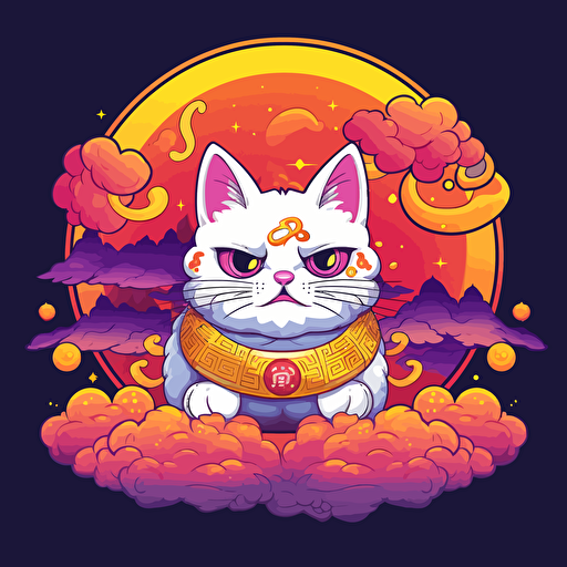 scifi cat chinese style with flames gold coins clouds mandarines chinese new year logo vector detailed high definition white purple red orange yellow