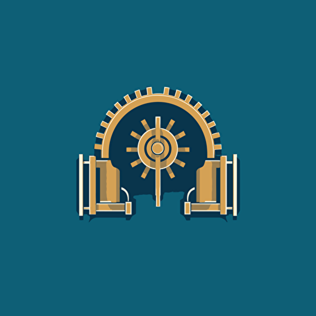 create a symmetrical logo of a gear coming out of two open large gates, minimal, vector
