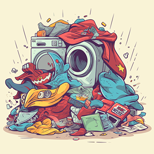 a pile of superhero underpants and superhero costumes on the floor next to the washing machine, cartoon, funny, 2d, vector