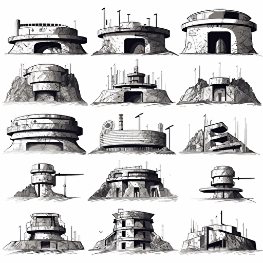 outline vector pack of brutalist desing ww2 bunkers