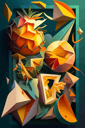 mango explosion, inferno, symmetry, Neo-Cubism, layered overlapping geometry, geometric fauvism, layered geometric vector art, maximalism; V-Ray, angular oil painting