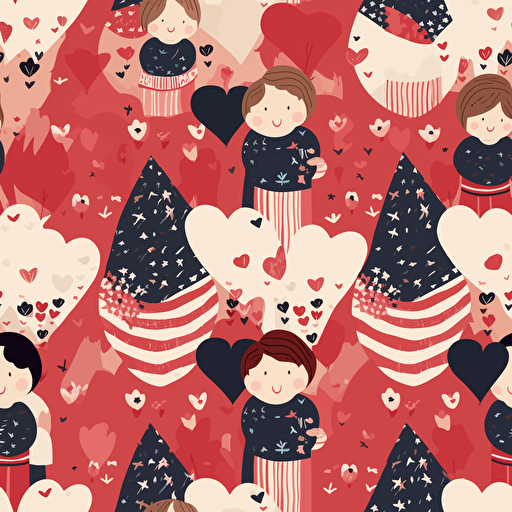 Vector hearts and children hugging flag