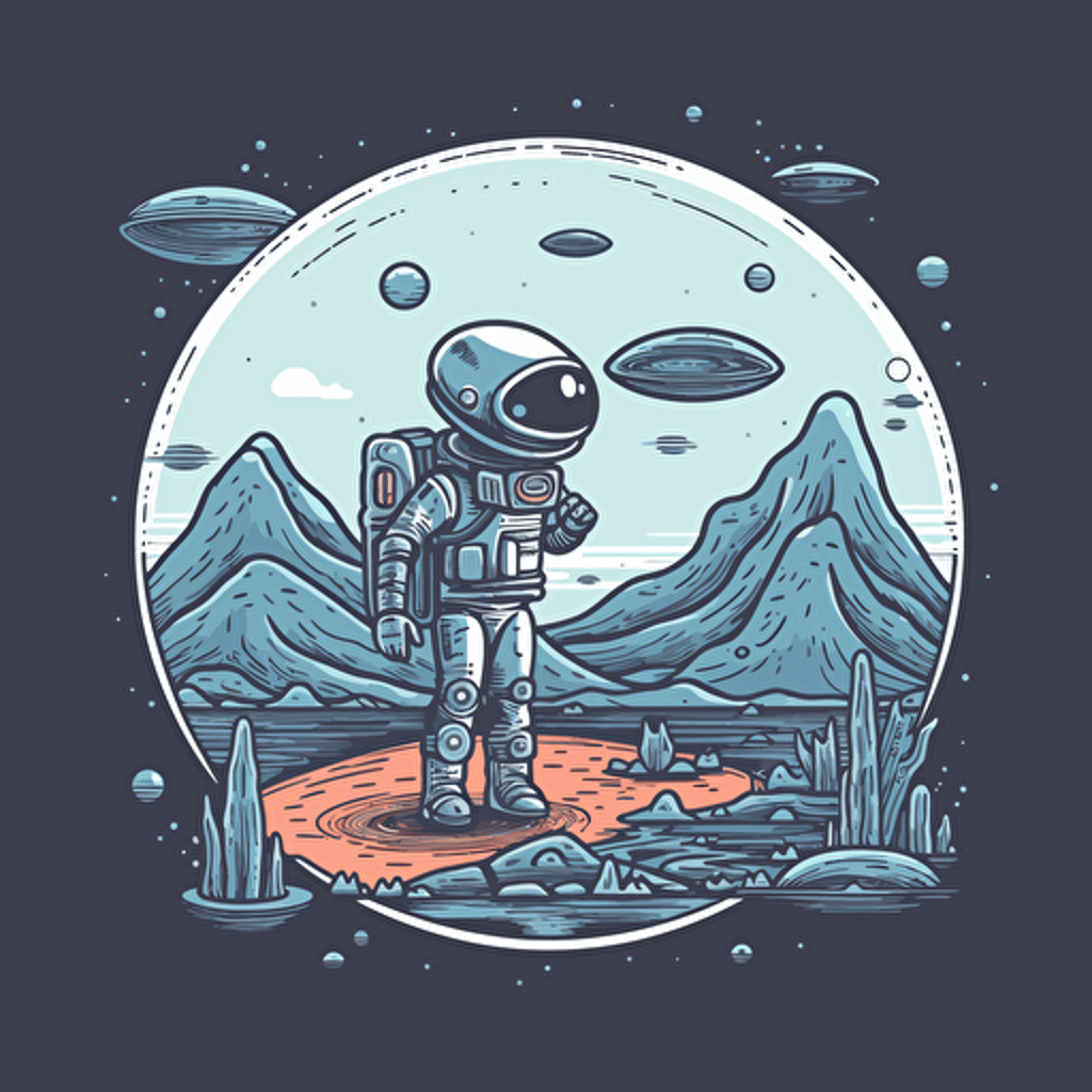 An astronaut explores an alien planet, A spacecraft hovers in the background, Cool blues and grays evoke mystery, Intricate details add depth and texture, Comic vector illustration style, flat design, minimalist logo, minimalist icon, flat icon, adobe illustrator, cute, simple