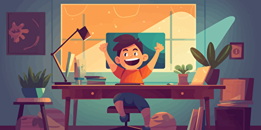 A boy in a warm room, sitting in front of the computer to learn, happy expression. Scene. 2D, vector illustration, bright colors. Drawing using AI.