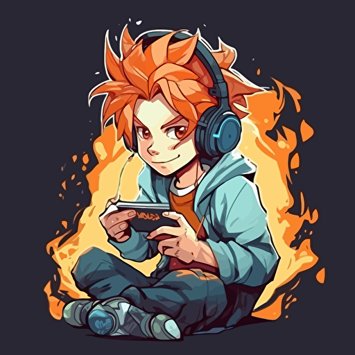 vector illustration of young boy gamer playing, flaming hair