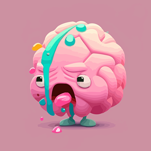 a pink Cerebrum with the wrinkles. the cerebrum should be in 2d vector. cute. mouth dribbling rainbow out of the mouth downwards. in the style of adventure time. cute white eyes at the front of the brain. the brain should be high on drugs