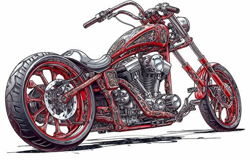 vector illustration of a red chopper bike sitting on a white background, in the style of unique and one-of-a-kind pieces, strong sense of realism, mote kei, use of precious materials, junglepunk, sterling silver highlights, cut and paste