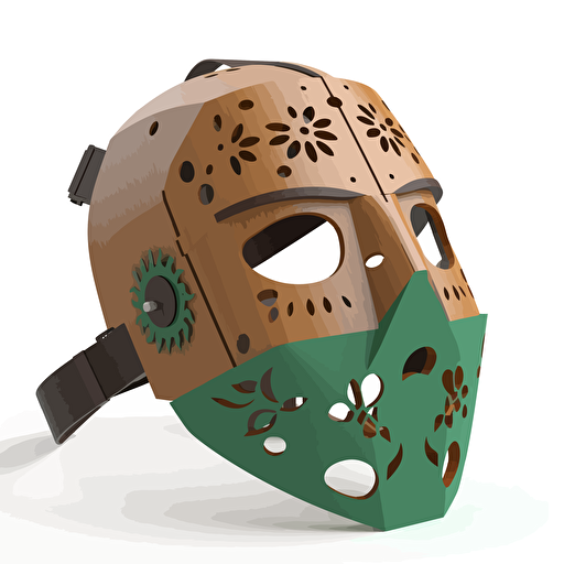 wooden face mask, ghibli vector style, brown, green