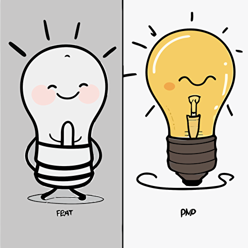 draw a 2D vector, cartoon, cute, happy light bulb, a simple drawing, in color but bordered with a black line, flat drawing and without details on a white background.