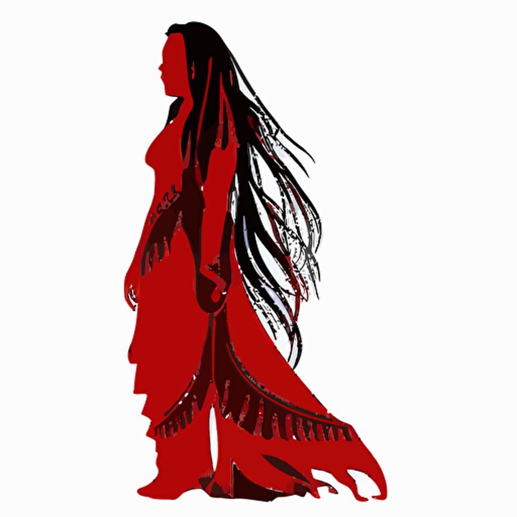 2d simple vector silhouette of a native american female in a long red dress. Elongated humans. black and red color scheme.