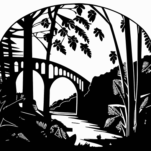 minimal vector scene from ironbridge shropshire, linocut style, black ink white background