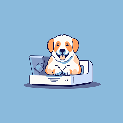 cute dog sitting down with paws on an open printer, side view, vector illustration, minimal style