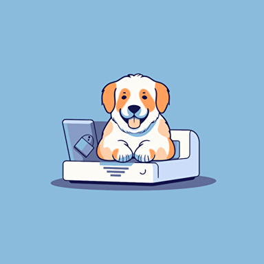 cute dog sitting down with paws on an open printer, side view, vector illustration, minimal style