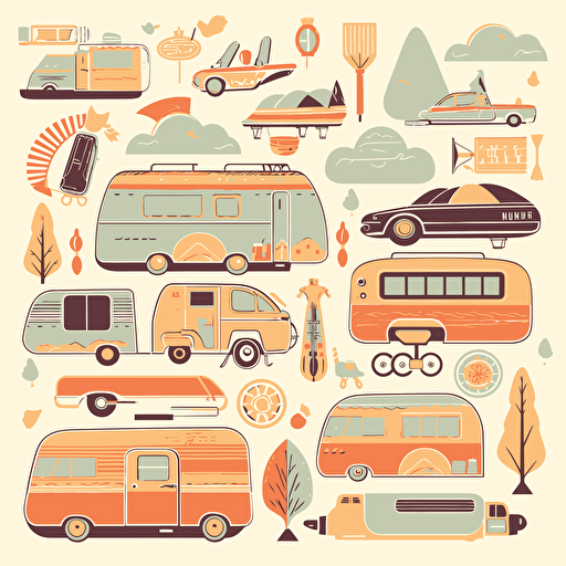 set of flat vector elements including vanlife imagery like airstreamers, trailers, RVs, school buses, pastel cut colors, midcentury vibe