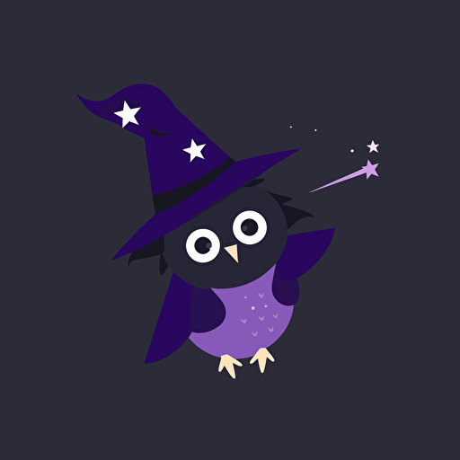 simple flat side profile candid silhouette of a flying owl wizard in a wizard hat holding a wand, vector style, tech logo, fun, dribbble, expensive, premium, purple, stars, no shading,