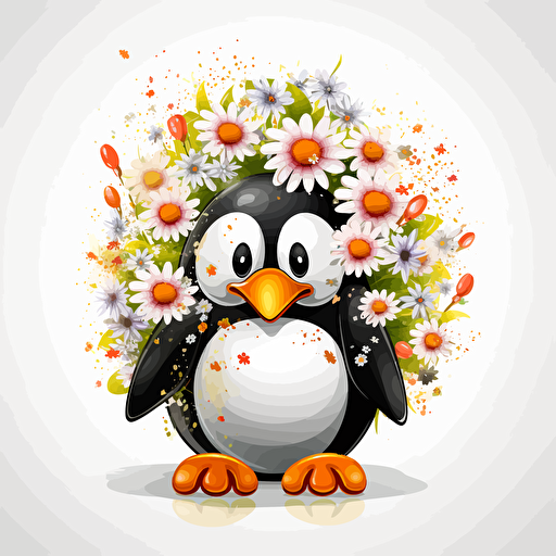 lucky penguin, flowers, detailed, cartoon style, 2d clipart vector, creative and imaginative, hd, white background