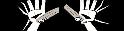 cartoon hands holding a wooden sign, white over black, simple line drawing digital, cool style disney-like, vector