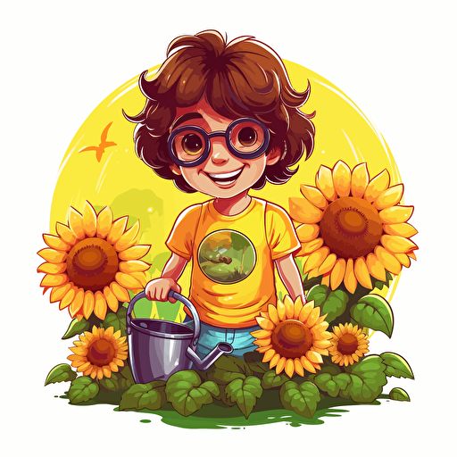 A child happily watering a vibrant sunflower in a lush garden, sunflower smiles, sunflower wears sunglasses, vector logo design