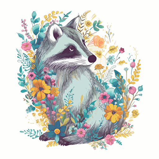 a bright pastel colored racoon on a white background with colorful wildflowers growing around it + detailed doodle style + white background + simple vector + bright pastel colors