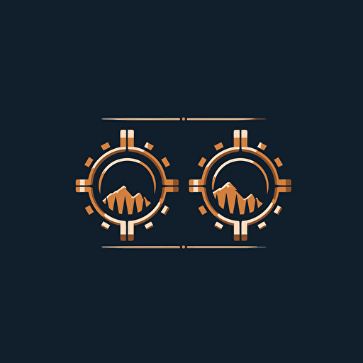 create a simple logo with a gear in the middle and two gates surrounding it, mirror images of each other, vector, minimalistic