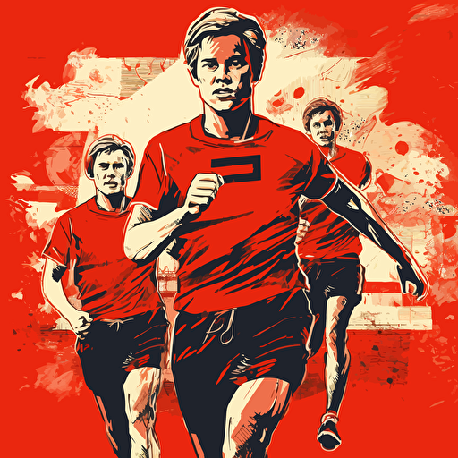 teenagers athletes, red and black color scheme, high detailed, vector illustration, retro poster USSR