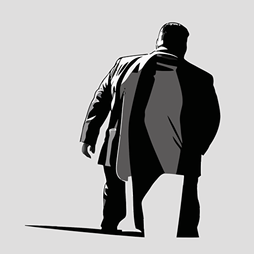 Black and white. back view of a fat person wearing a buisness suit. Simple Vector Art. White background