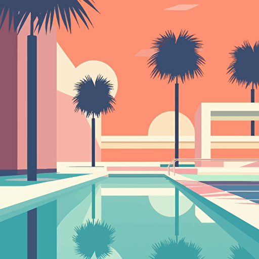 Vector designMinimal Hiroshi Nagai InspiredClean and minimalistic styleScene depicting a [serene poolside with palm trees and clear sky][PASTEL and warm color scheme]
