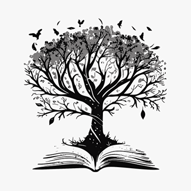 Black and white tree growing from an open book