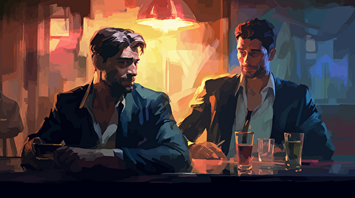 a painting featuring some gay men sitting at a bar, in the style of sam spratt, film noir aesthetic, steve henderson, herman brood, 32k uhd, simplistic vector art, outrun