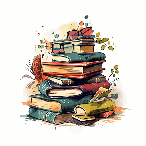 2D vector art, books in a stack, white background