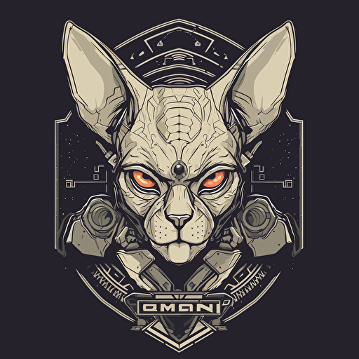 Logo, Menacing, Alien Mecha Cat, Sphynx, Silver Skin, Big Ears, Triangle Base, Vector Style,