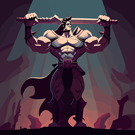a vector drawing of a tall and muscular knight. Both hands are on his sword. He is looking triumphant and fierce.