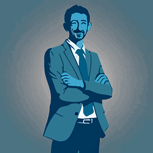 silhoette of professional gaffer, facing camera, arms crossed, smiling, sleeves rolled up, blue color, gray background, simple design, vector style, white outline over silhouette