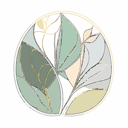 Stained glass petal art details for wedding booklet. asymmetric. Muted colors. Light green, gold, white. Minimalistic. Flat vector illustration. plain white background