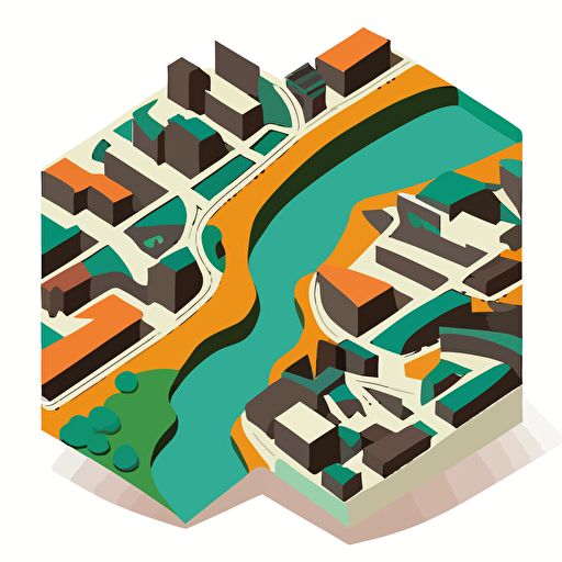 flat 2d vector map of a city with a river in the middle , two colors, white backgrund