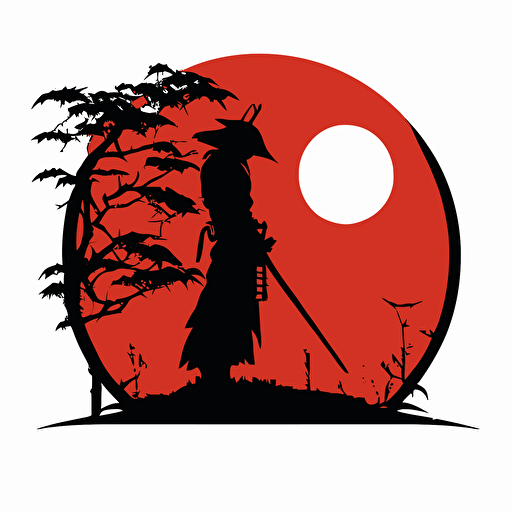 square logo, silhouette of a samurai against a red sun, white background, flat image vector