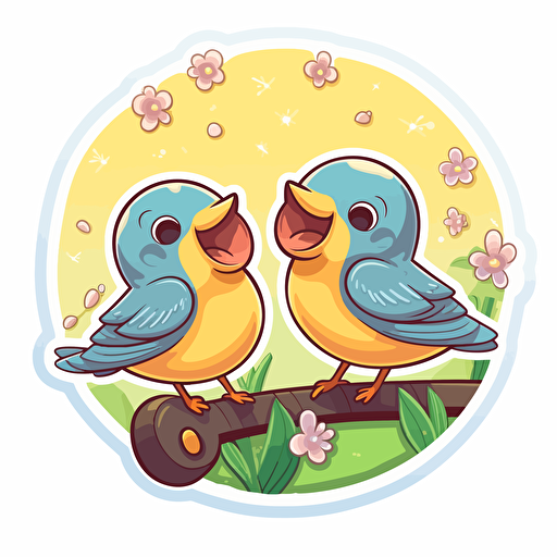 adorable sticker logo of a cute birds singing, 2d vector style