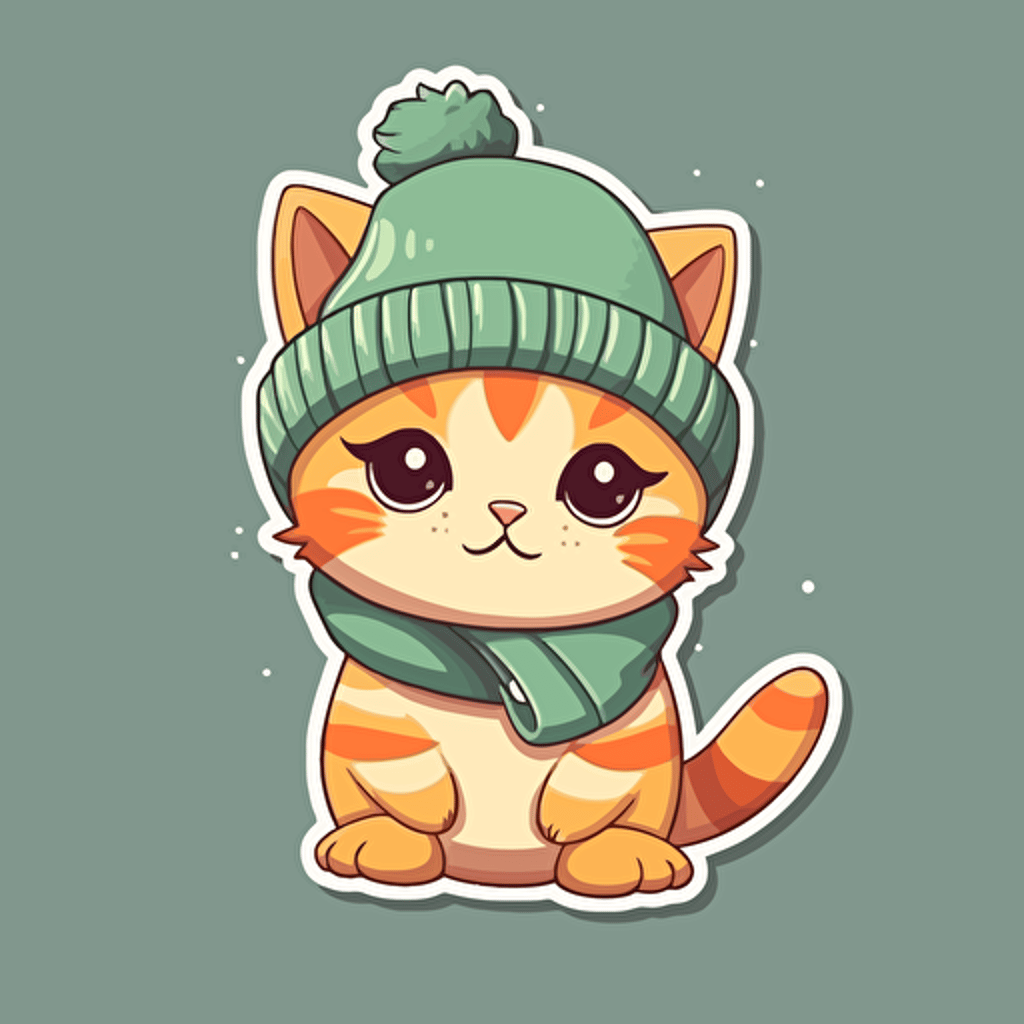 sticker design, super cute baby pixar style kitten, wearing a beanie, vector