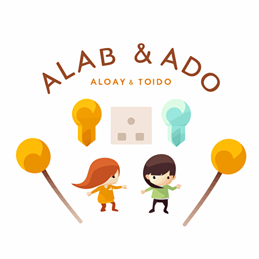 minimalist logo for a children's game company, build & play, flat and simple. It must includes the letters "TADO TABO" , white background, primary color colorful vector illustration flat color palette, total white background, true white background