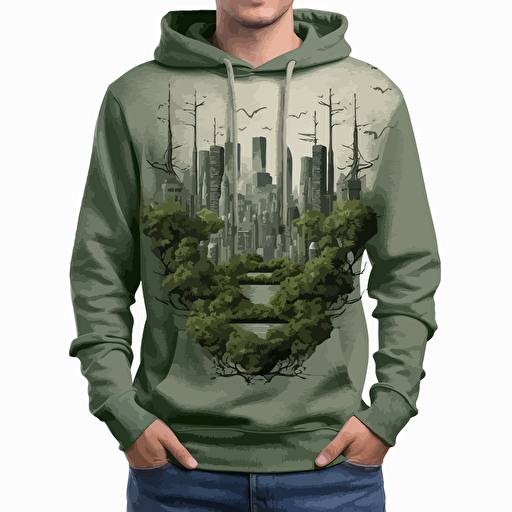 Depict an urban landscape with elements of nature intertwined. Embroider skyscrapers or city buildings along with trees, vines, or ivy creeping up the structures. Use a combination of green and gray threads to create a visually striking contrast. This design will bring a fusion of urban and natural aesthetics to the hoodie, simple, vector,