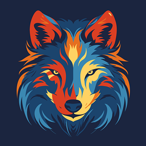 a blue and orange horizontal poster of a flat silhouette of a wolf's head. All in the style of solid flat vector illustration