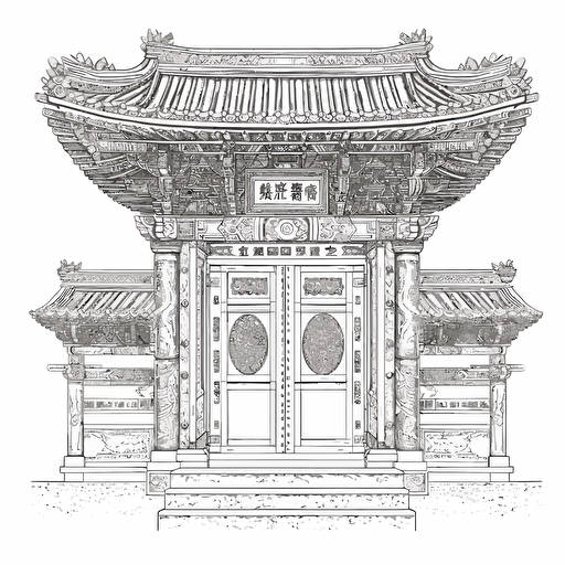 vector, line drawing, simple design, less detailed, Korean traditional gate, front view,